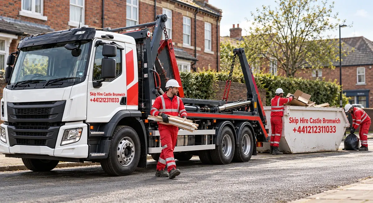 Illustration of a red and white skip lorry branded Skip Hire Castle Bromwich, with workers loading a skip outside red-brick houses