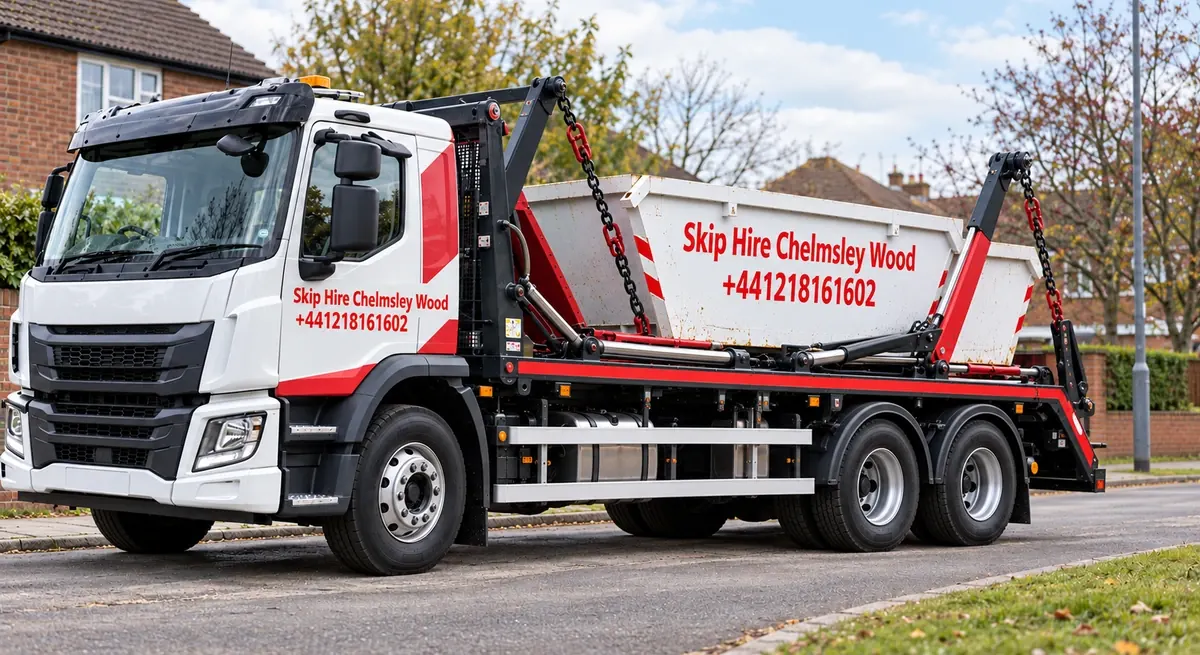 Illustration of a red and white skip lorry branded Skip Hire Chelmsley Wood parked on a tree-lined residential road