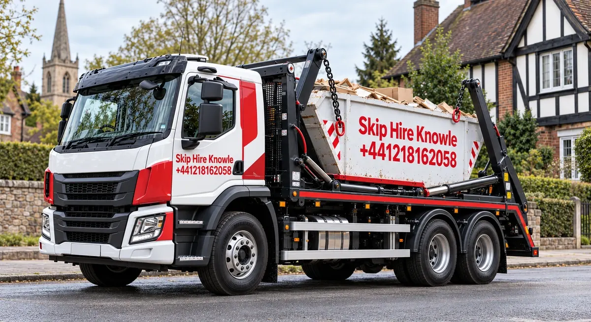 Illustration of a red and white skip lorry branded Skip Hire Knowle carrying a loaded skip, with a church spire behind