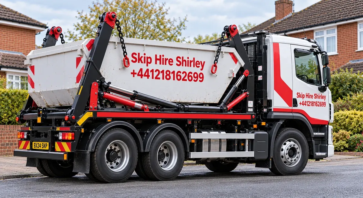 Illustration of a red and white skip lorry branded Skip Hire Shirley carrying a skip past houses in Shirley