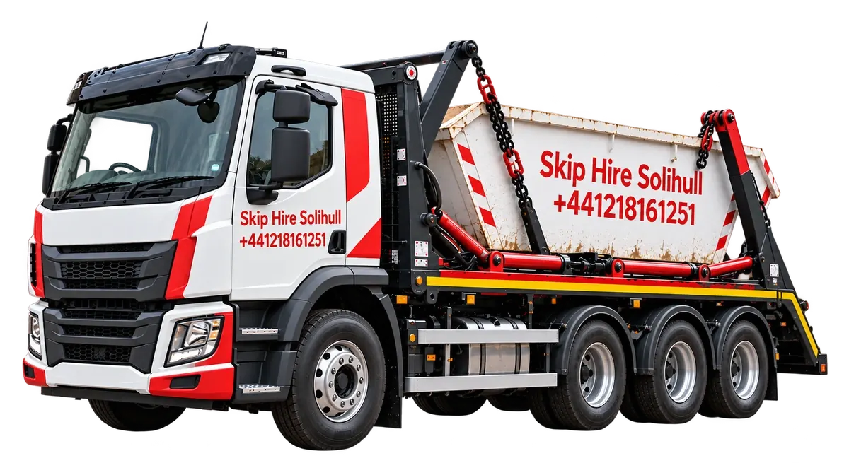 Illustration of a red and white skip lorry branded Skip Hire Solihull carrying a skip