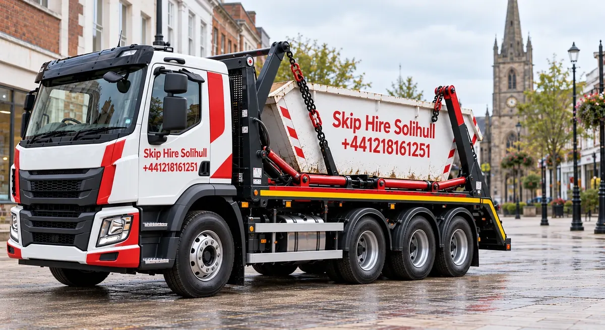 Illustration of a red and white skip lorry branded Skip Hire Solihull on a town-centre street