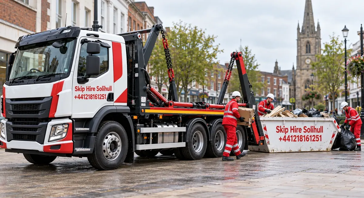 Illustration of a red and white skip lorry branded Skip Hire Solihull, with workers loading a skip on a Solihull high street